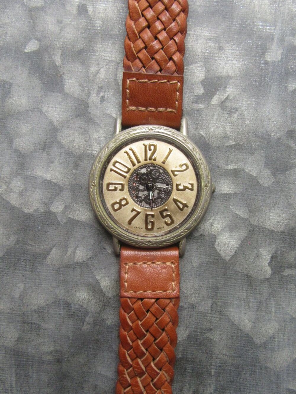 VTG Express LA Skeleton Steampunk Men's Watch on Brown Woven Leather Band
